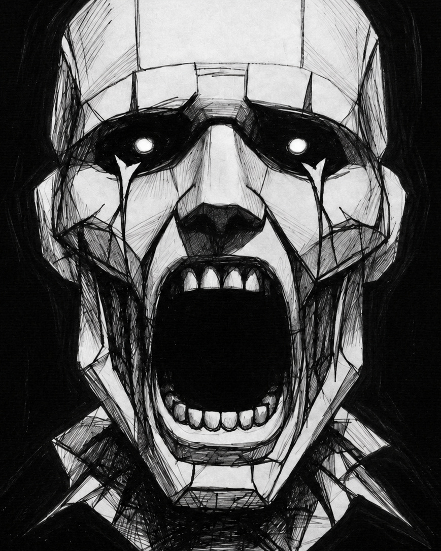 A black-and-white screaming skull from Eerie Truth Guy
