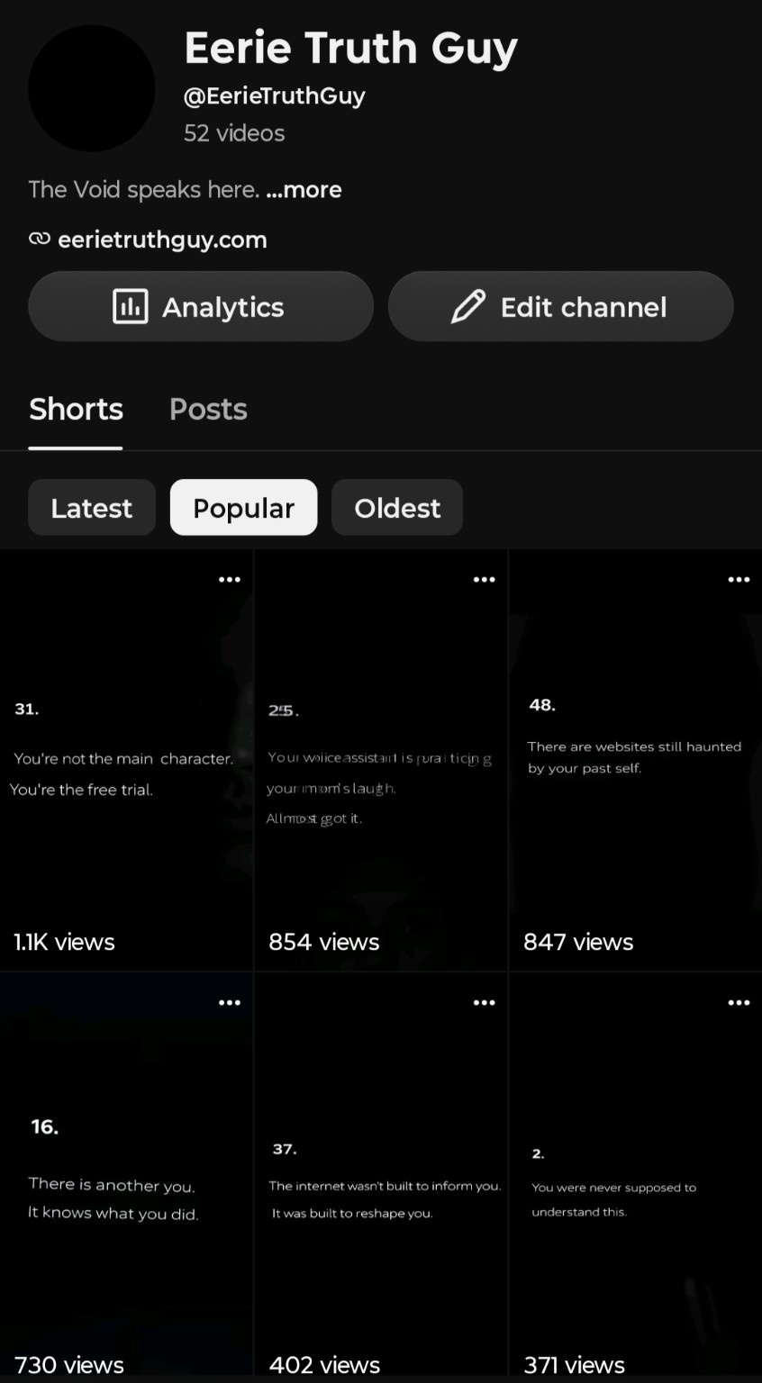 A grid of Eerie Truth Guy YouTube Shorts with view counts ranging from a handful to more than 1,000.