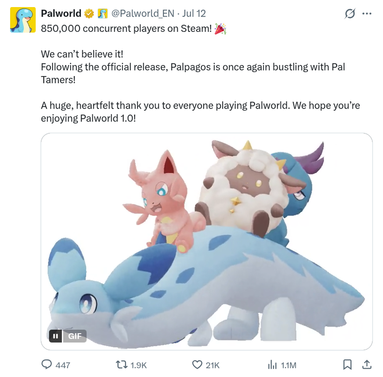 Palworld's official X account post from 12 July 2026 celebrating 850,000 concurrent Steam players, with a GIF of three Pals riding a fourth