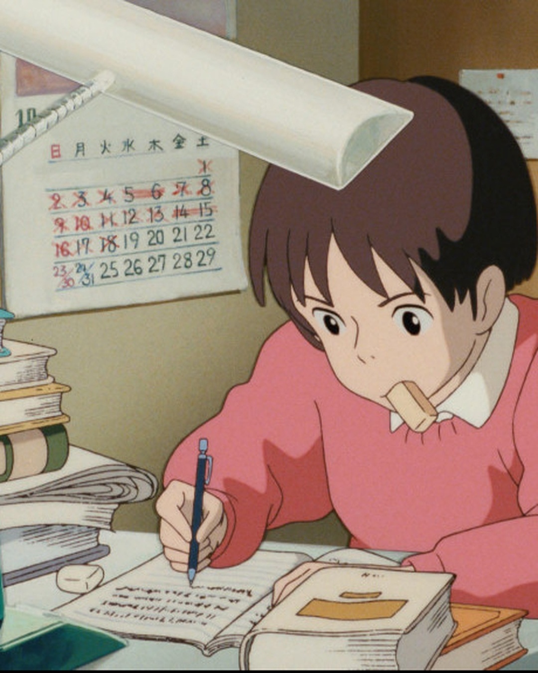 Shizuku writes at her desk in Studio Ghibli’s ‘Whisper of the Heart’